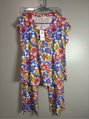 Johnny Was Leilani Floral Crop Lounge Set XS Blue Tropical Top & Pants NWT